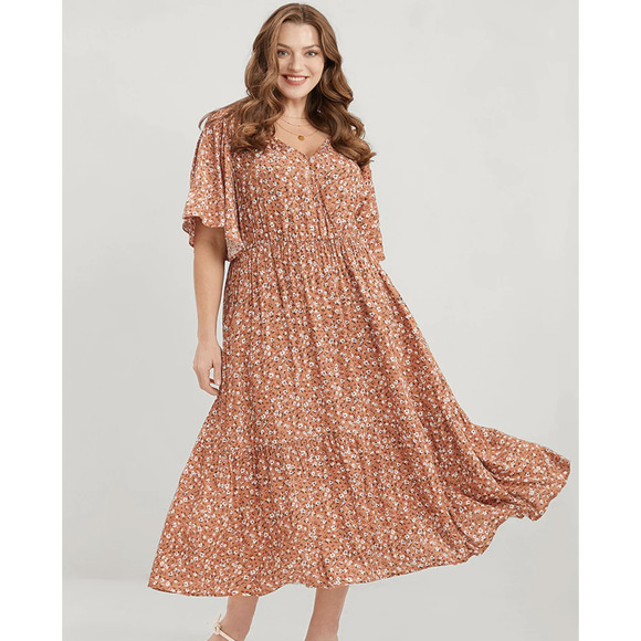 Bloomchic Dresses & Skirts - Bloomchic Salmon Ditsy Floral Surplice Neck Pocket Ruffle Tiered Dress 12 NWT